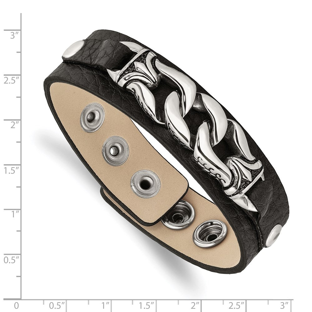 8.5 Inch Stainless Steel Black Leather W/Antiqued Chain 8.5In Bracelet