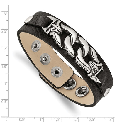 8.5 Inch Stainless Steel Black Leather W/Antiqued Chain 8.5In Bracelet