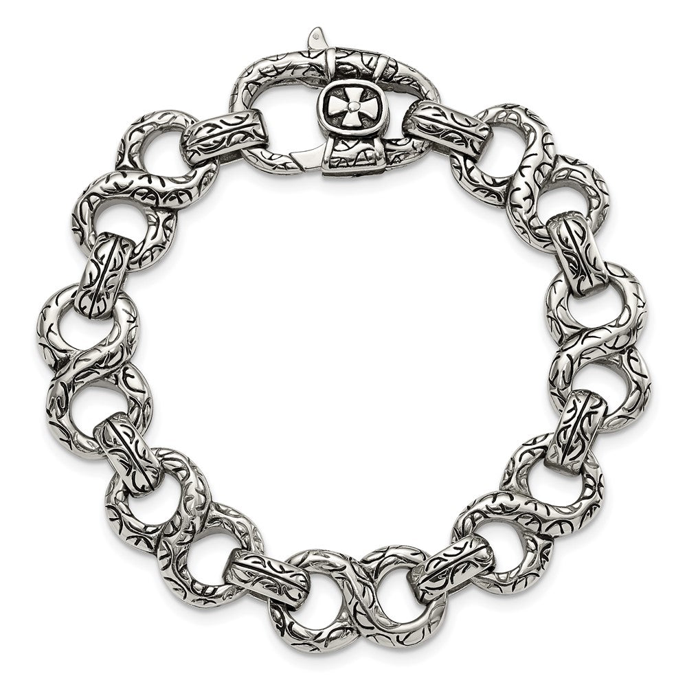 Stainless Steel Chisel Antiqued Polished And Textured 8.5 Inch Infinity Symbol Link Bracelet