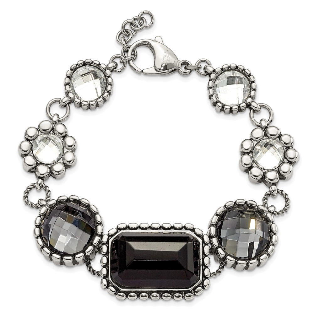 9 Inch Stainless Steel Polished/Antiqued Glass Beaded W/1In Ext. Bracelet