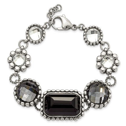 9 Inch Stainless Steel Polished/Antiqued Glass Beaded W/1In Ext. Bracelet