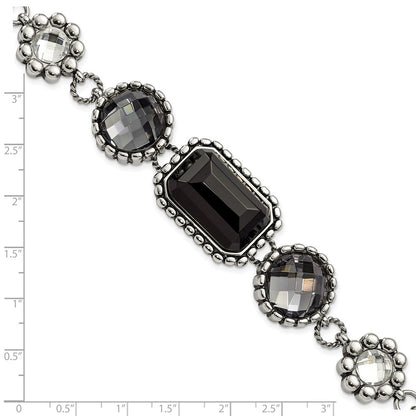 9 Inch Stainless Steel Polished/Antiqued Glass Beaded W/1In Ext. Bracelet