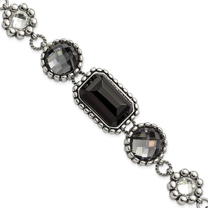 9 Inch Stainless Steel Polished/Antiqued Glass Beaded W/1In Ext. Bracelet