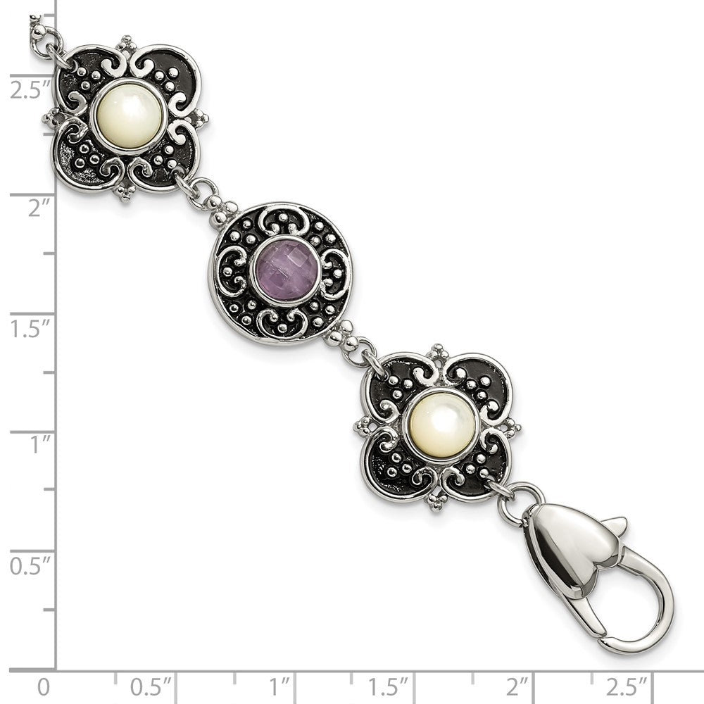 9 Inch Stainless Steel Polished & Antiqued Mother Of Pearl Purple Glass W/ 1.5In Ext Bracelet