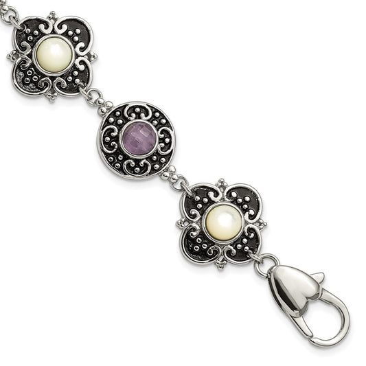 9 Inch Stainless Steel Polished & Antiqued Mother Of Pearl Purple Glass W/ 1.5In Ext Bracelet