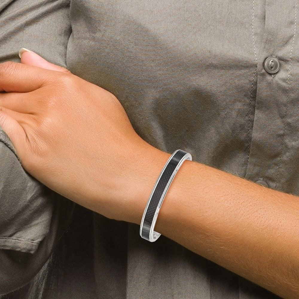 Stainless Steel Chisel Polished With Black Carbon Fiber Inlay Cuff Bangle