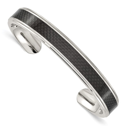 Stainless Steel Chisel Polished With Black Carbon Fiber Inlay Cuff Bangle