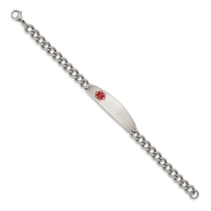 Stainless Steel Chisel Polished With Red Enamel Medical Id 8.5 Inch Curb Chain Bracelet