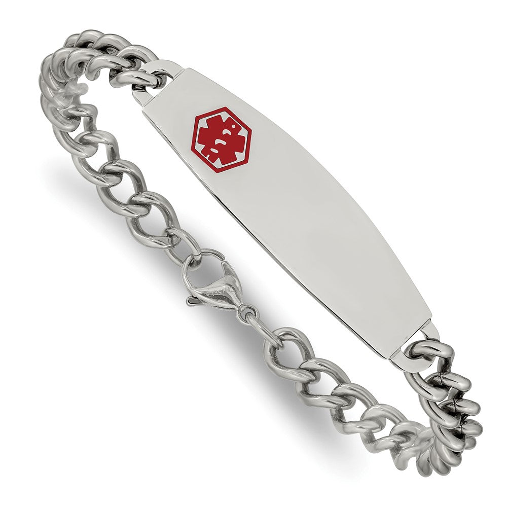 Stainless Steel Chisel Polished With Red Enamel Medical Id 8.5 Inch Curb Chain Bracelet