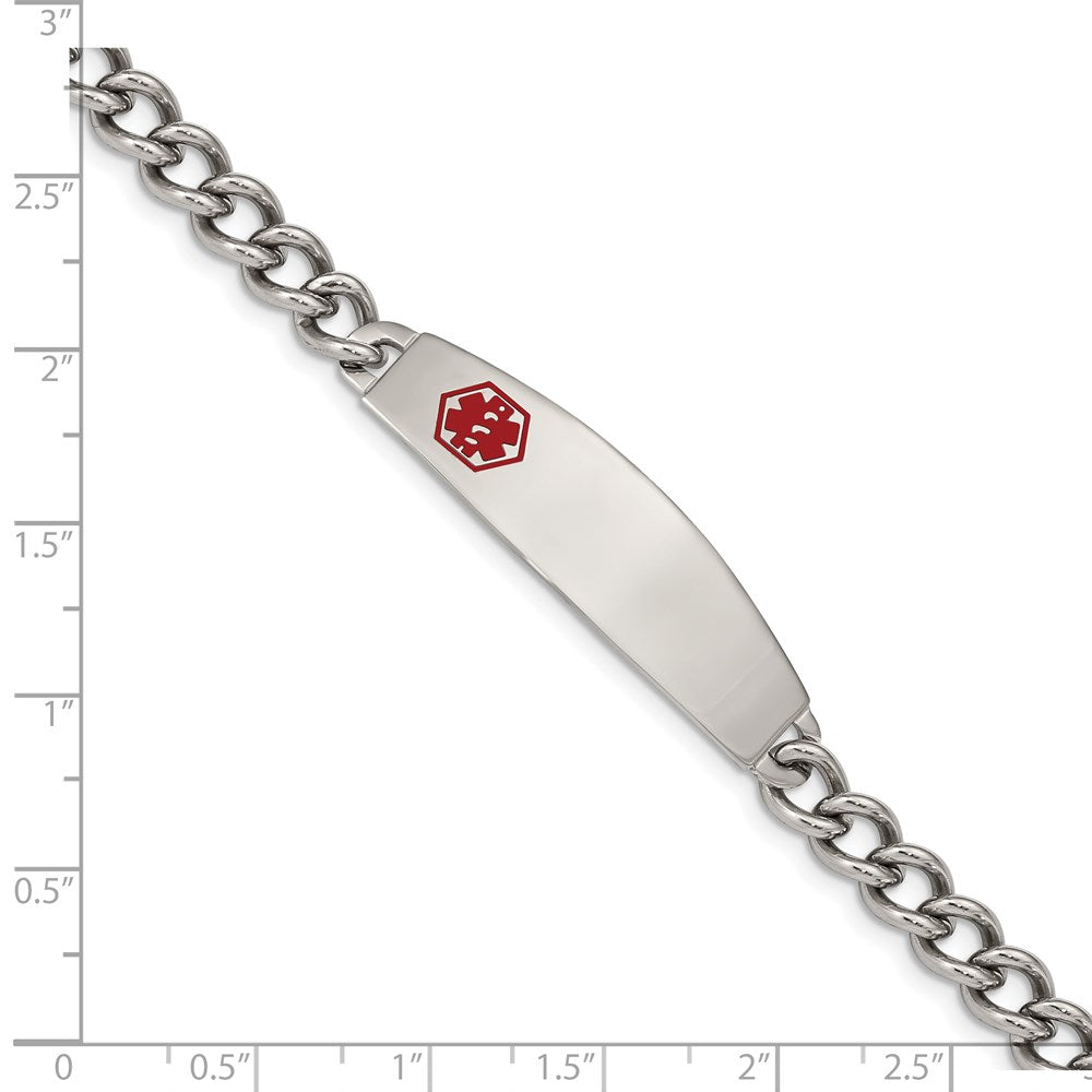 Stainless Steel Chisel Polished With Red Enamel Medical Id 8.5 Inch Curb Chain Bracelet