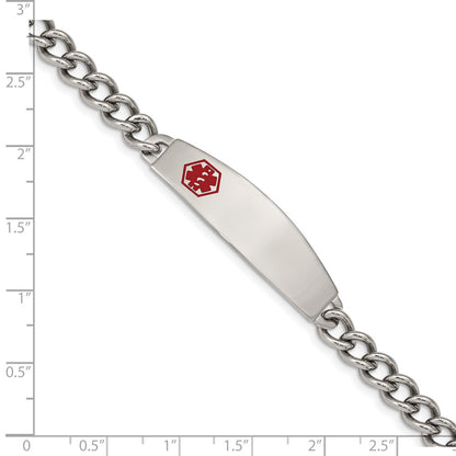 Stainless Steel Chisel Polished With Red Enamel Medical Id 8.5 Inch Curb Chain Bracelet