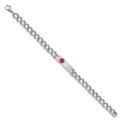 Stainless Steel Chisel Polished With Red Enamel Medical Id 9.5 Inch Curb Chain Bracelet