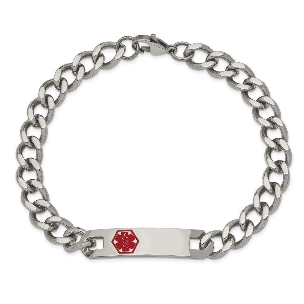 Stainless Steel Chisel Polished With Red Enamel Medical Id 9.5 Inch Curb Chain Bracelet