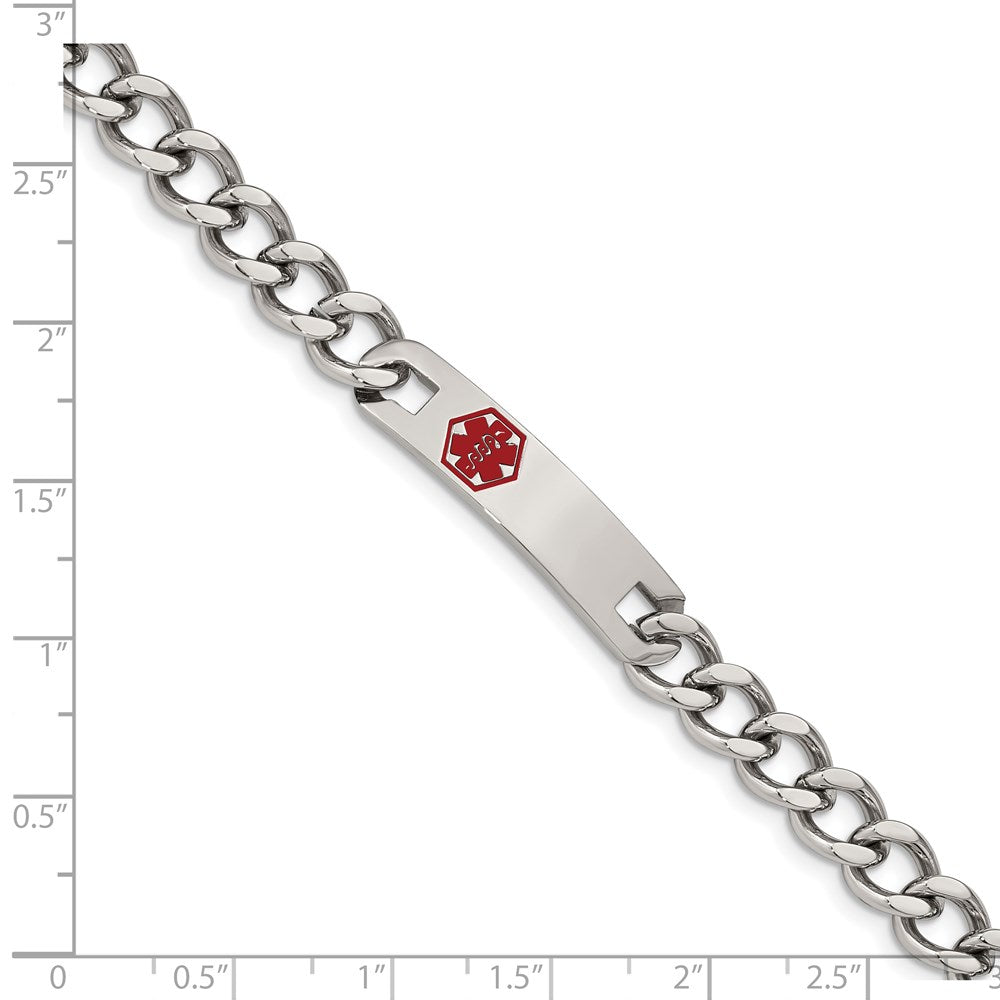 Stainless Steel Chisel Polished With Red Enamel Medical Id 9.5 Inch Curb Chain Bracelet