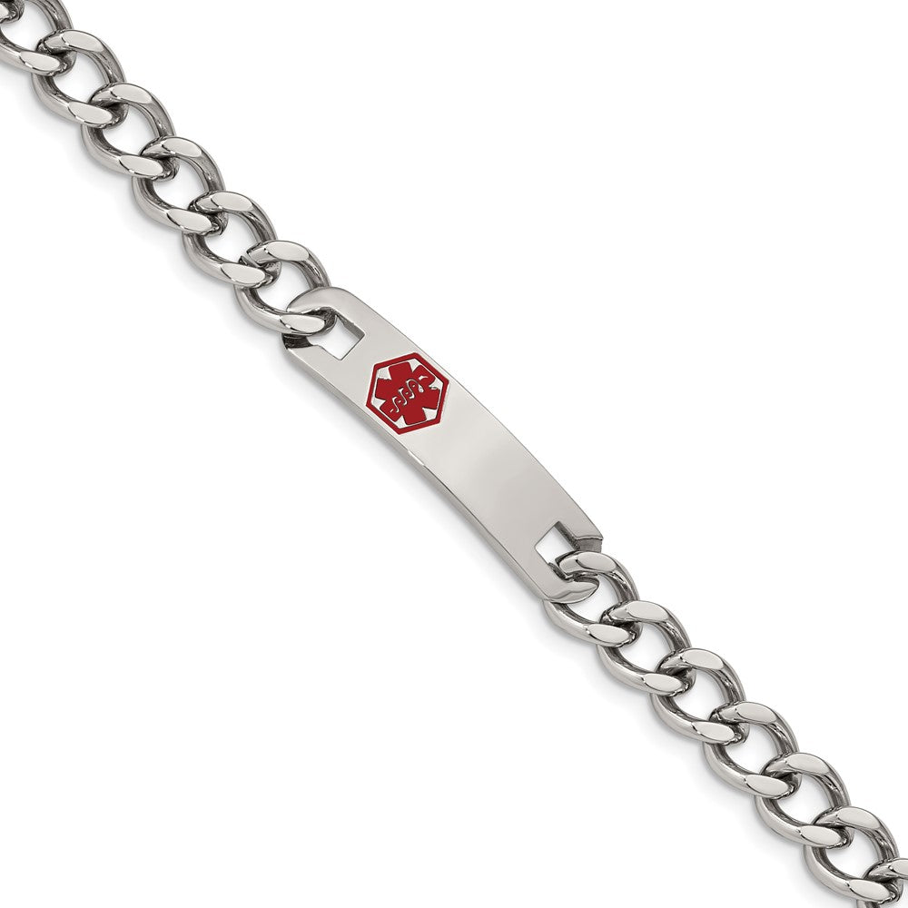 Stainless Steel Chisel Polished With Red Enamel Medical Id 9.5 Inch Curb Chain Bracelet