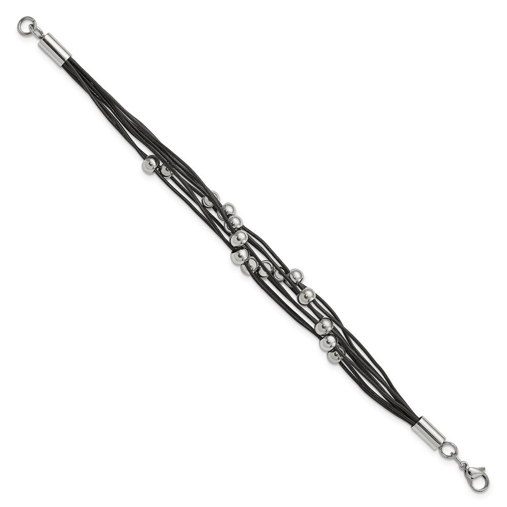 Stainless Steel Chisel Polished Beaded Multi-Strand Black Leather 8 Inch Bracelet