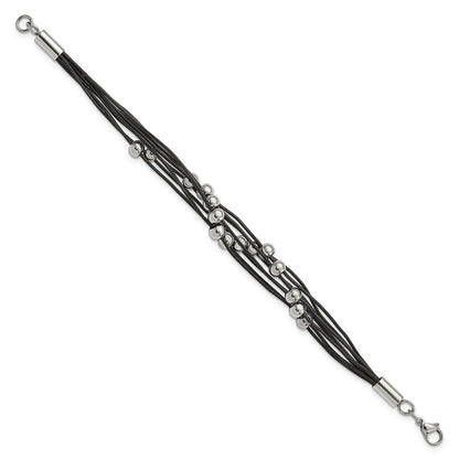 Stainless Steel Chisel Polished Beaded Multi-Strand Black Leather 8 Inch Bracelet