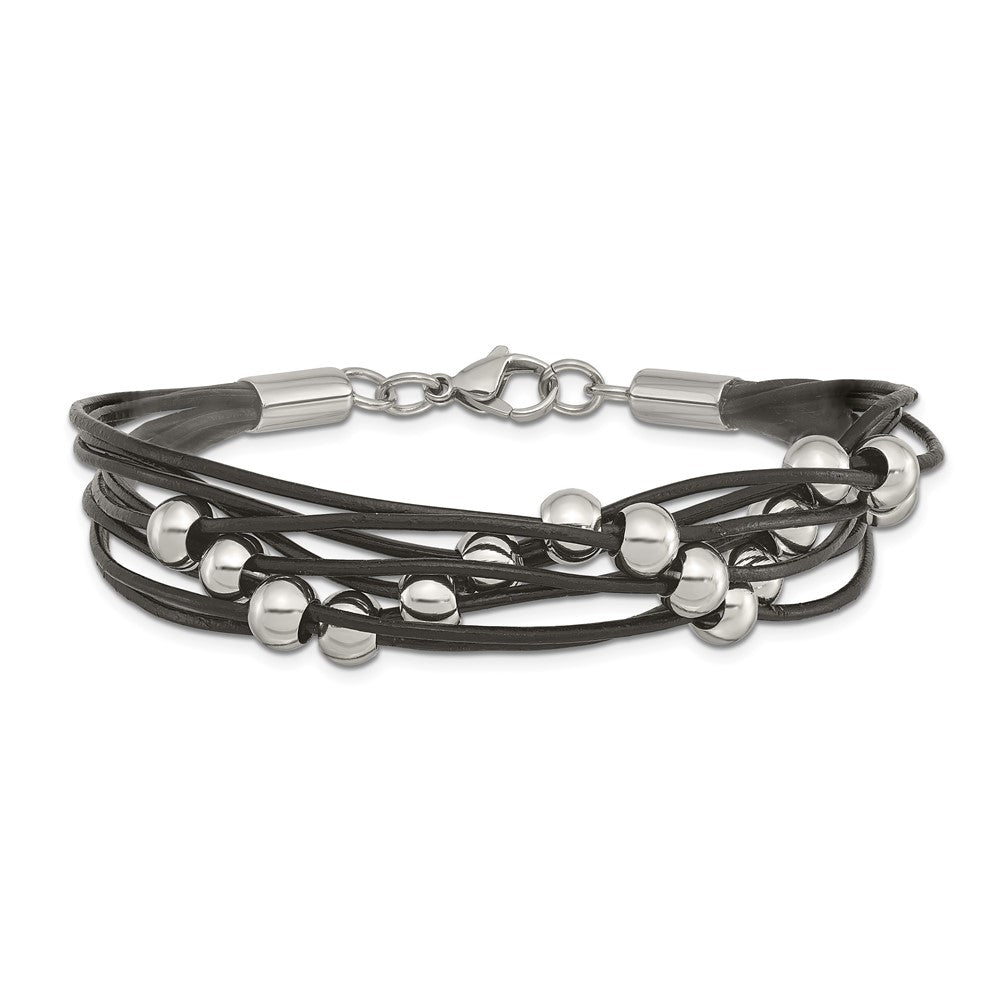 Stainless Steel Chisel Polished Beaded Multi-Strand Black Leather 8 Inch Bracelet