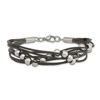 Stainless Steel Chisel Polished Beaded Multi-Strand Black Leather 8 Inch Bracelet