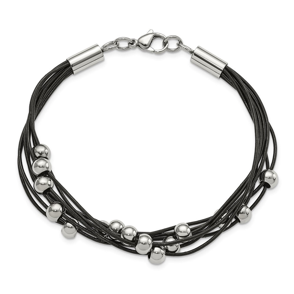 Stainless Steel Chisel Polished Beaded Multi-Strand Black Leather 8 Inch Bracelet
