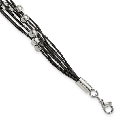Stainless Steel Chisel Polished Beaded Multi-Strand Black Leather 8 Inch Bracelet