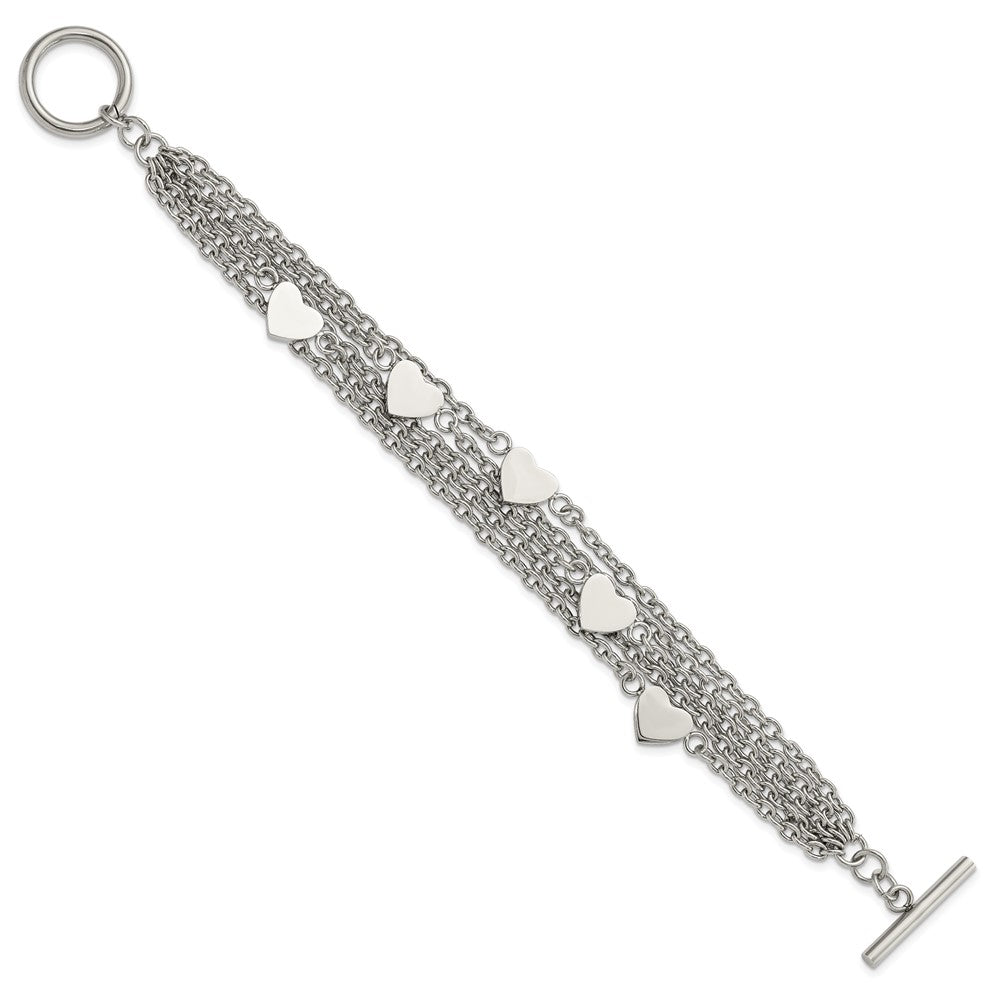 8 Inch Stainless Steel Polished Multistrand Hearts Chain Toggle Bracelet