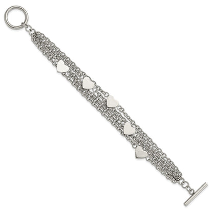8 Inch Stainless Steel Polished Multistrand Hearts Chain Toggle Bracelet