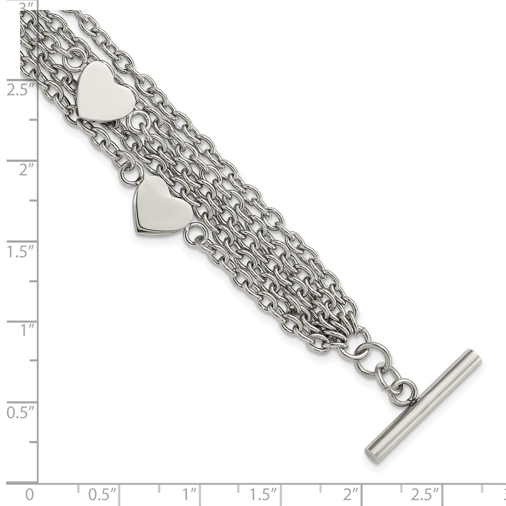 8 Inch Stainless Steel Polished Multistrand Hearts Chain Toggle Bracelet
