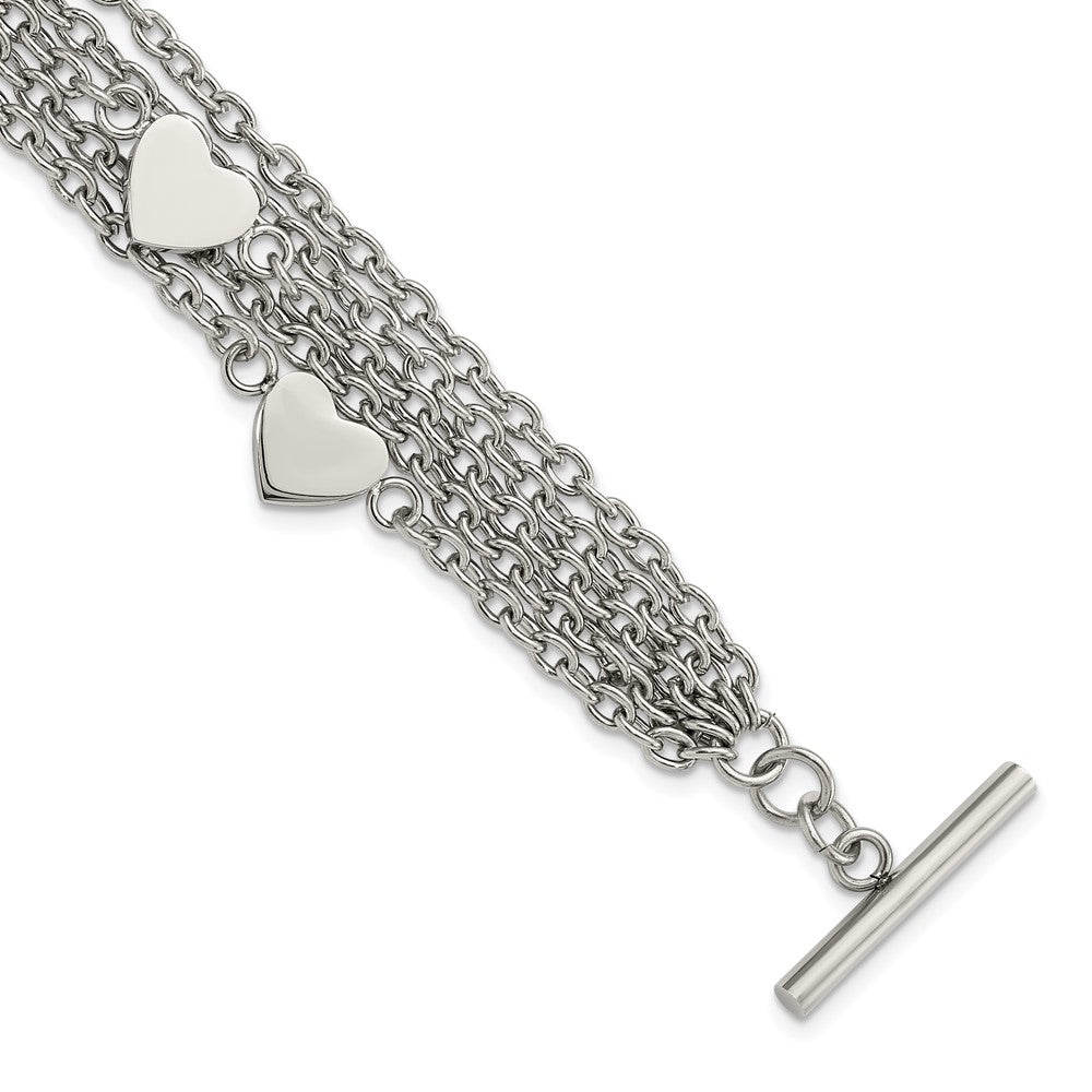 8 Inch Stainless Steel Polished Multistrand Hearts Chain Toggle Bracelet