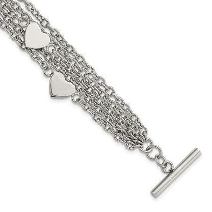 8 Inch Stainless Steel Polished Multistrand Hearts Chain Toggle Bracelet