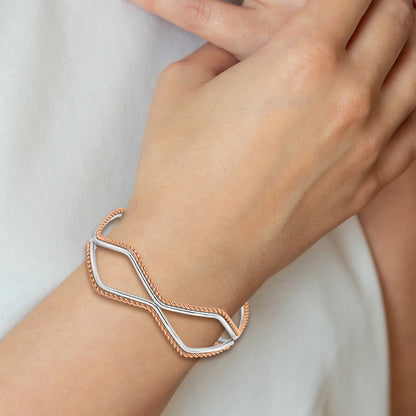 Stainless Steel Polished And Textured Rose Ip-Plated Cuff Bangle