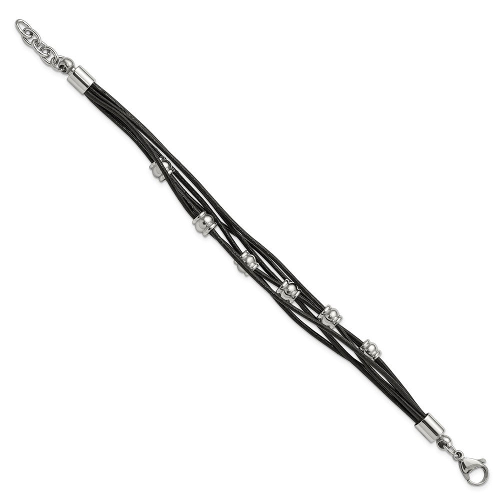 Stainless Steel Chisel Polished Beaded Multi-Strand Black Leather 7.5 Inch Bracelet With .75 Extension