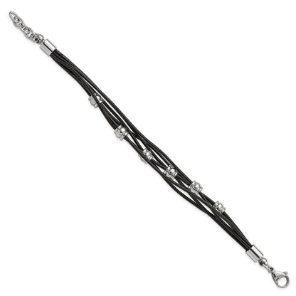 Stainless Steel Chisel Polished Beaded Multi-Strand Black Leather 7.5 Inch Bracelet With .75 Extension