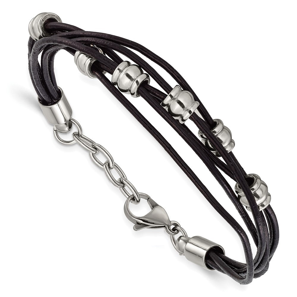 Stainless Steel Chisel Polished Beaded Multi-Strand Black Leather 7.5 Inch Bracelet With .75 Extension