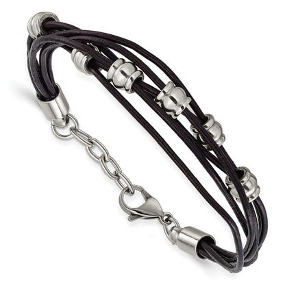 Stainless Steel Chisel Polished Beaded Multi-Strand Black Leather 7.5 Inch Bracelet With .75 Extension