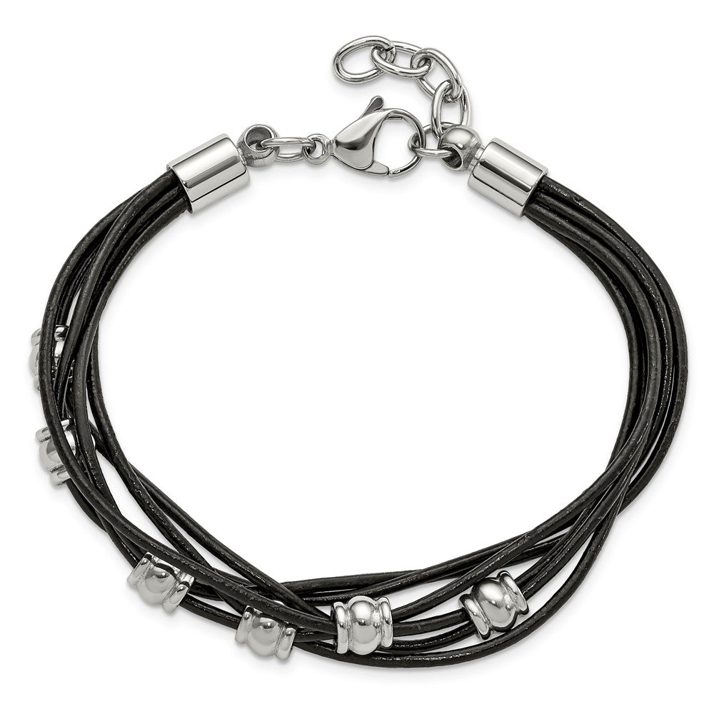 Stainless Steel Chisel Polished Beaded Multi-Strand Black Leather 7.5 Inch Bracelet With .75 Extension