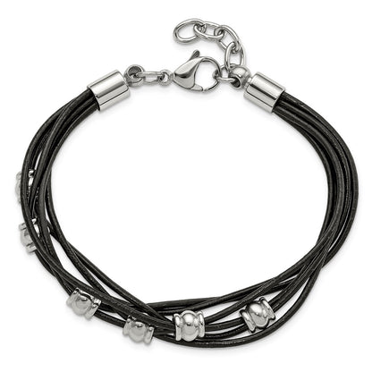 Stainless Steel Chisel Polished Beaded Multi-Strand Black Leather 7.5 Inch Bracelet With .75 Extension