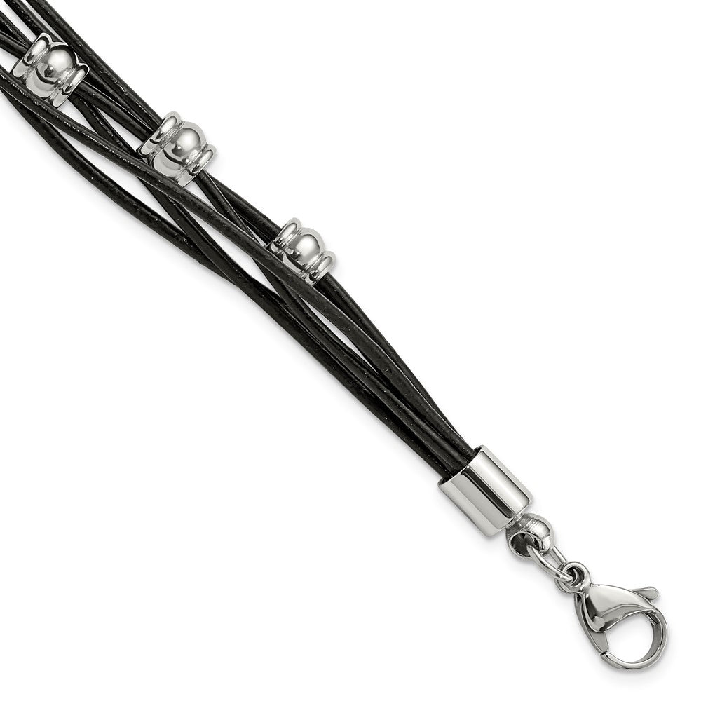Stainless Steel Chisel Polished Beaded Multi-Strand Black Leather 7.5 Inch Bracelet With .75 Extension
