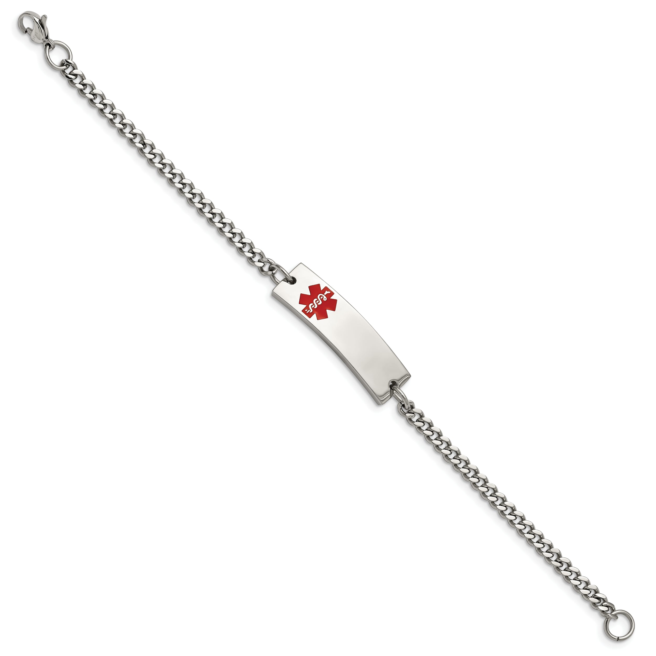 Stainless Steel Chisel Polished With Red Enamel Medical Id 8.75 Inch Curb Chain Bracelet