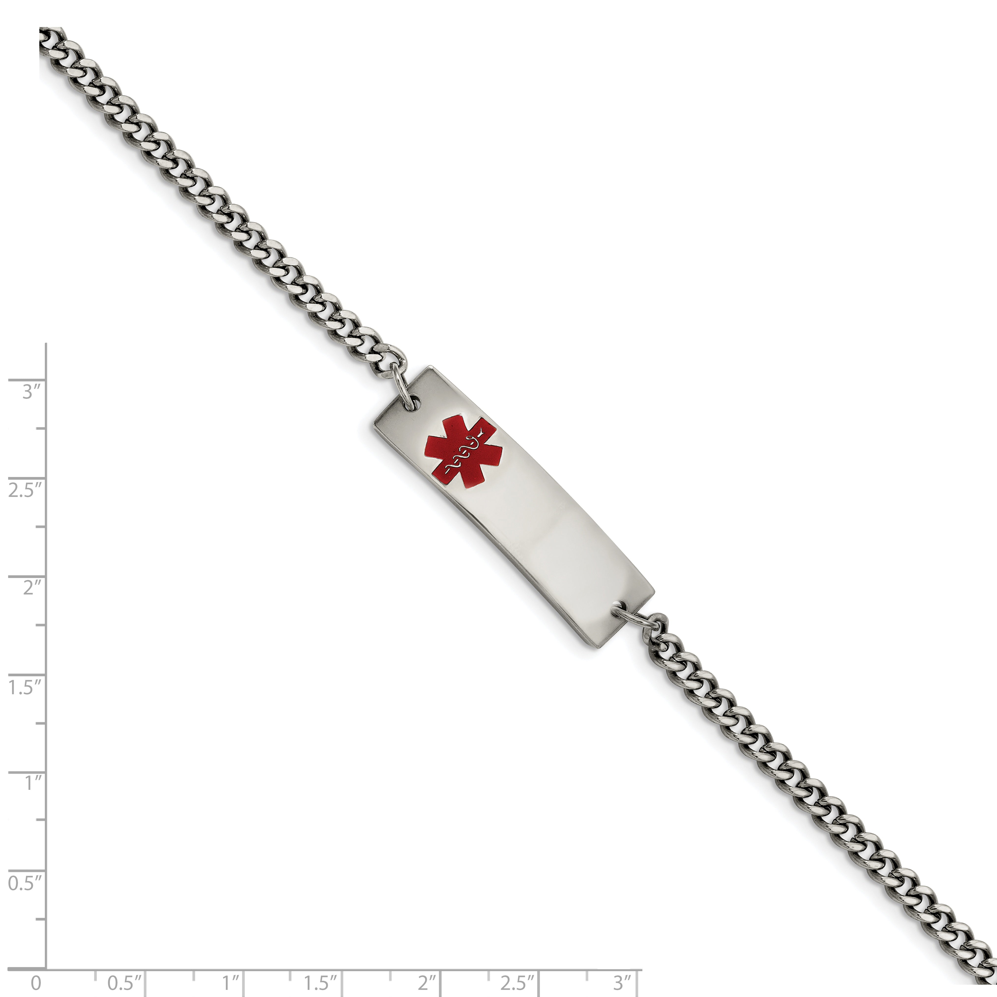 Stainless Steel Chisel Polished With Red Enamel Medical Id 8.75 Inch Curb Chain Bracelet