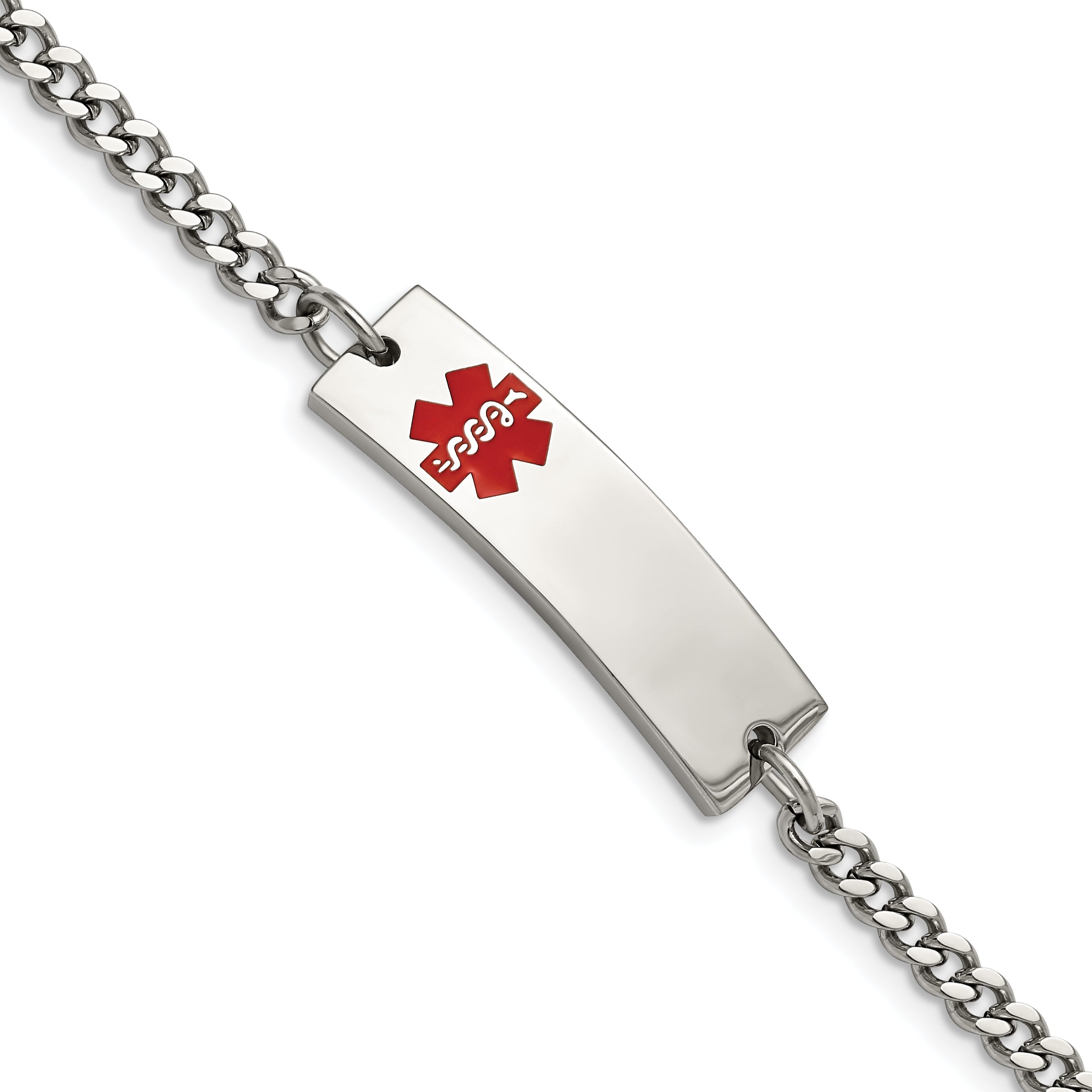 Stainless Steel Chisel Polished With Red Enamel Medical Id 8.75 Inch Curb Chain Bracelet