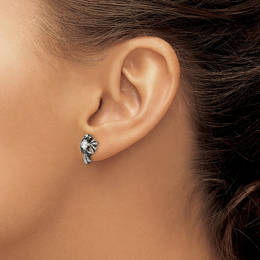 Stainless Steel Chisel Antiqued And Polished With Cz Cross Post Earrings