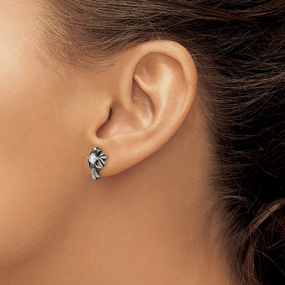 Stainless Steel Chisel Antiqued And Polished With Cz Cross Post Earrings
