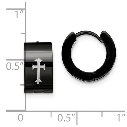 Stainless Steel Chisel Black Ip-Plated 7mm Hinged Hoop With Cross Earrings