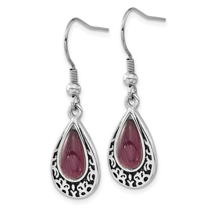 Stainless Steel Antiqued & Purple Cats Eye Teardrop Dangle Earrings