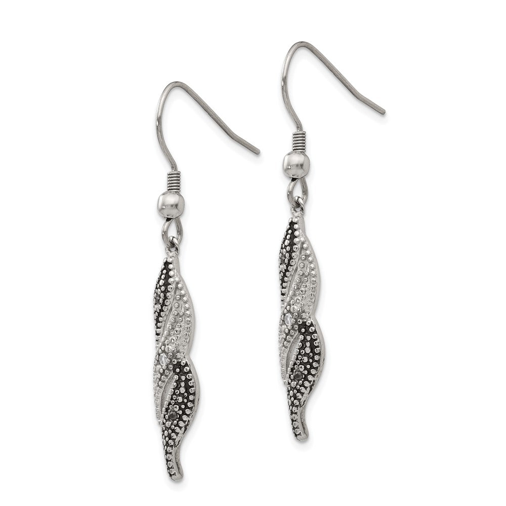 Stainless Steel Chisel Antiqued And Polished Cz Dangle Shepherd Hook Earrings
