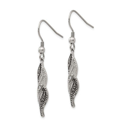 Stainless Steel Chisel Antiqued And Polished Cz Dangle Shepherd Hook Earrings
