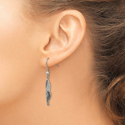 Stainless Steel Chisel Antiqued And Polished Cz Dangle Shepherd Hook Earrings