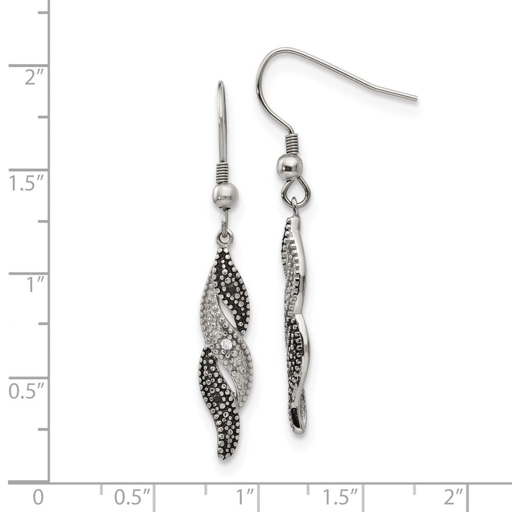 Stainless Steel Chisel Antiqued And Polished Cz Dangle Shepherd Hook Earrings