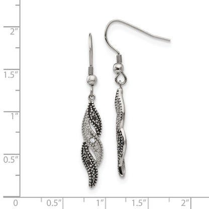 Stainless Steel Chisel Antiqued And Polished Cz Dangle Shepherd Hook Earrings